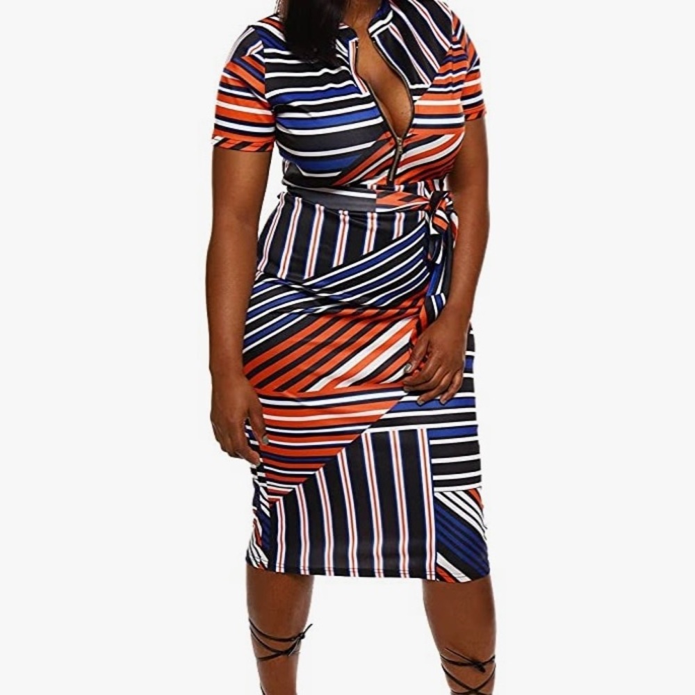 Women Sexy Print, Long Sleeve Zipper Stretchy Pencil Bodycon Dress with Belt - Picture 2 of 3